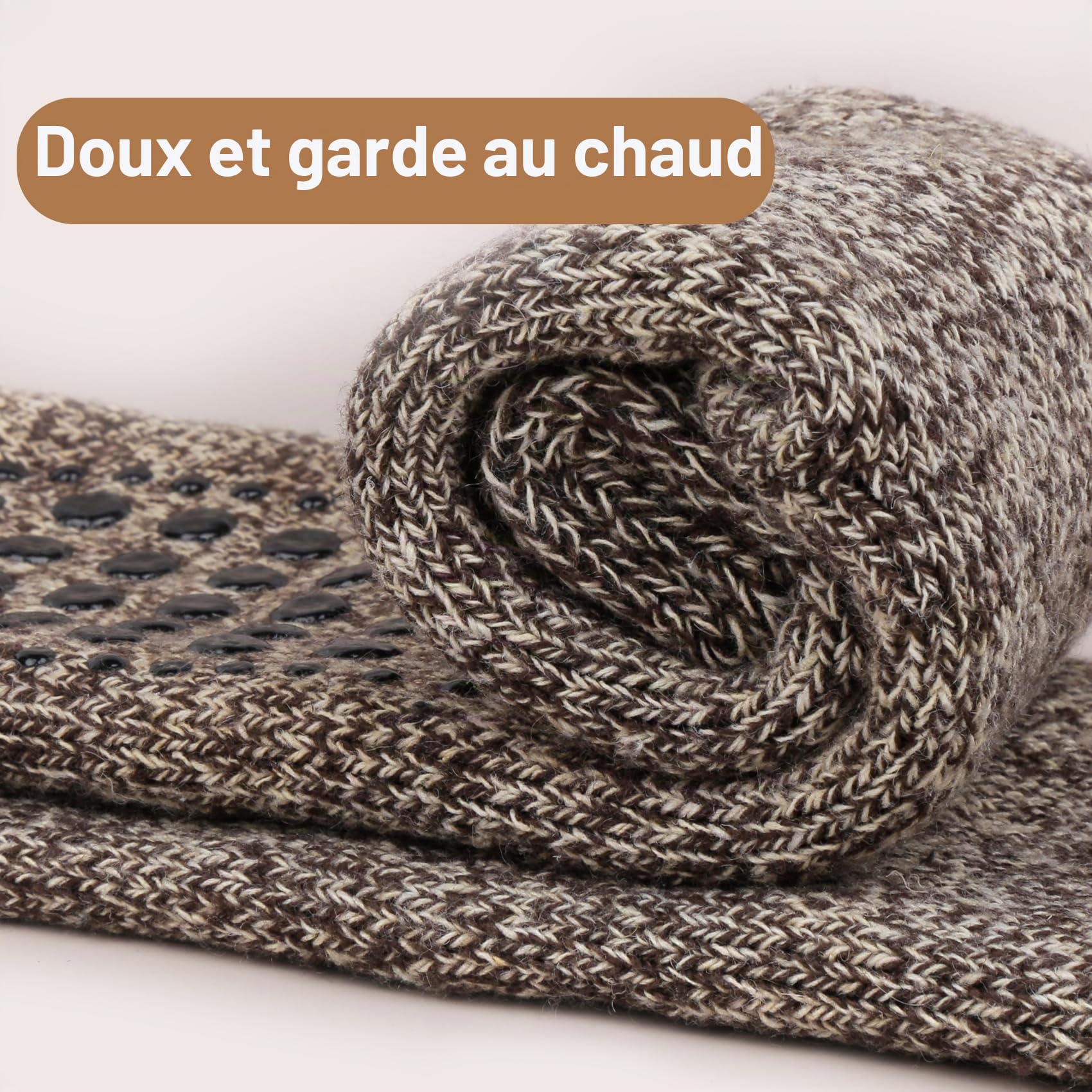 Chaussettes Antidérapantes 3 Paires, Élégant Tricot Chunky Chaussettes en laine Antidérapantes Femme, Chaussettes en Laine Chunky, Coton Respirant Hommes Socquette, Sans Sexe， EU42-46