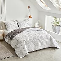Vista 4 de Juego de edredón reversible de 2 piezas, cuadriculado blanco y gris, tamaño individual 68 x 86 pulgadas, suave microfibra ligera, colcha de verano