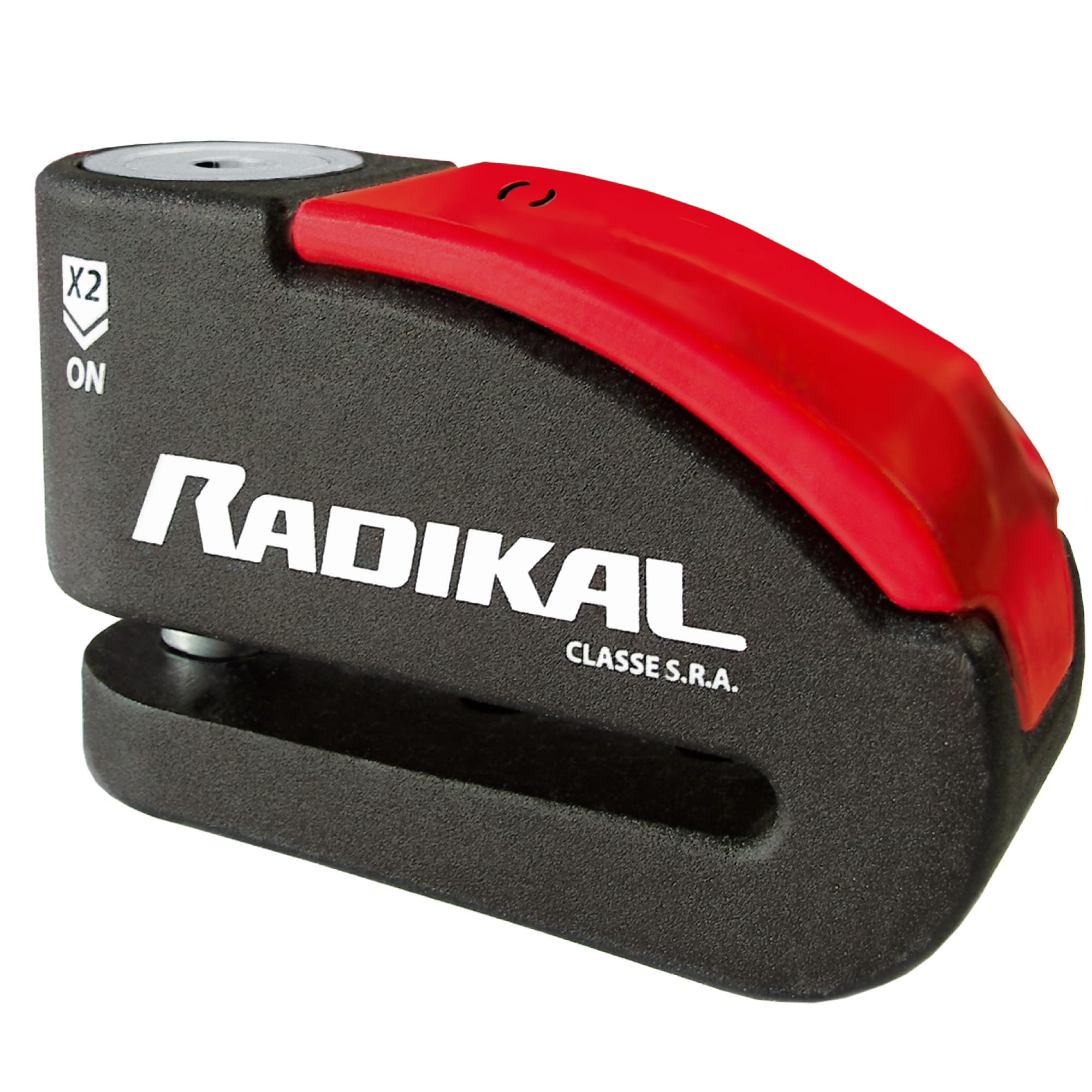 RADIKAL RK15 Bremsscheibenschloss Premium mit Alarm | Aktivierung nach Wahl, 120 dB, LED Warnung Voralarm | Motorrad Schloss SRA-zertifiziert, aus zementiertem Stahl, Doppelverriegelung Ø14, Rot