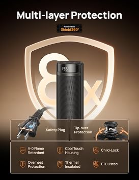 DREO Space Heater for Large Room, 23 Inch Electric Heaters for Indoor Use, 8 Safe Protection Tower, 70 Oscillation, PTC Ceramic with Thermostat and Remote, Quiet, 12H Timer, Bedroom, Office
