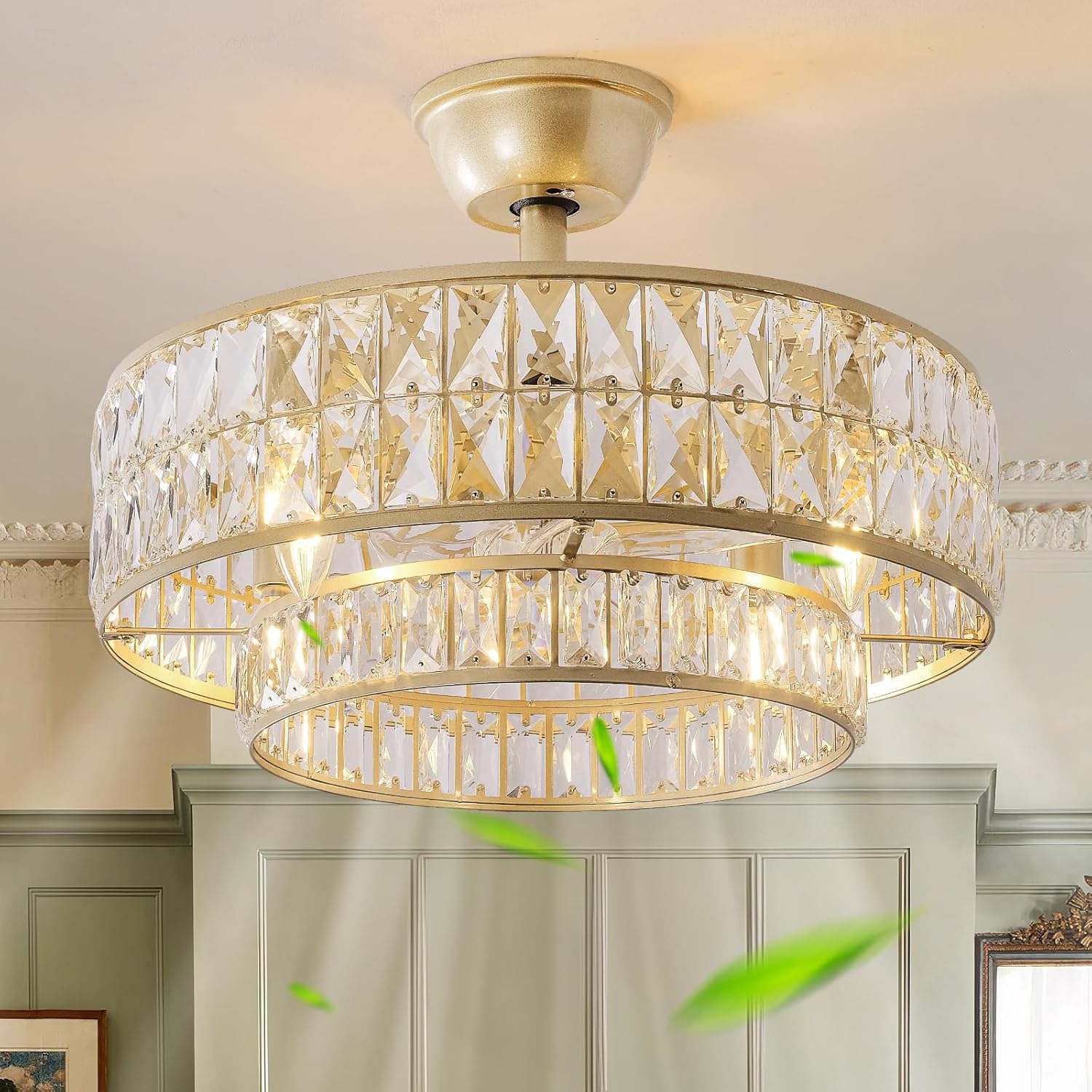 Gold Fandelier Ceiling Fan with Light,20" Crystal Chandelier Ceiling Fans with Lights and Remote Control,Modern Caged Flush Mount Fandelier with 6 Speeds for Living Room Bedroom Nursery Crystal Ceiling Fan with Light