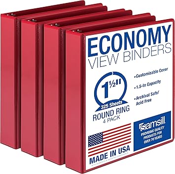 Samsill 1.5 Inch 3 Ring Binders, Economy Round Ring, Clear View Cover, 325 Sheet Capacity - for School, Home, Office - Red, 4 Pack