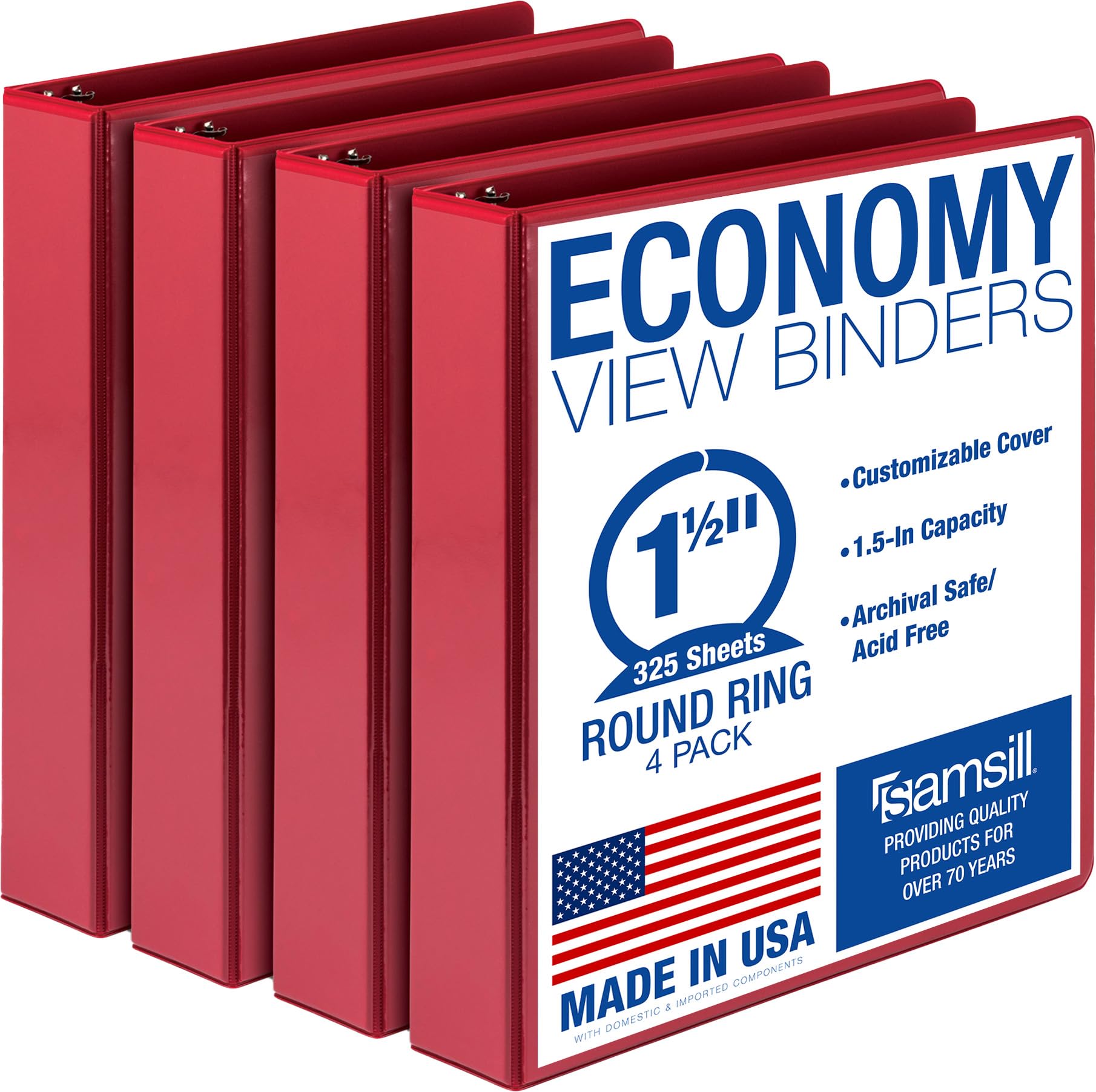 Samsill 1.5 Inch 3 Ring Binders, Made in USA, Economy Round Ring, Clear View Cover, 325 Sheet Capacity - for School, Home, Office - Red, 4 Pack โ image 1