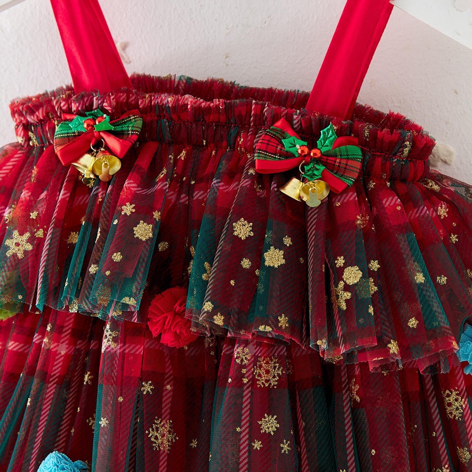 Vestido de Navidad para Niñas Pequeñas Disfraz Arbol de Navidad Niñas Vestidos Sin Mangas de Tul 3 Capas Brillante Vestidos con Lentejuelas de Estrella y Pompones Traje Navideño 0-8 Años