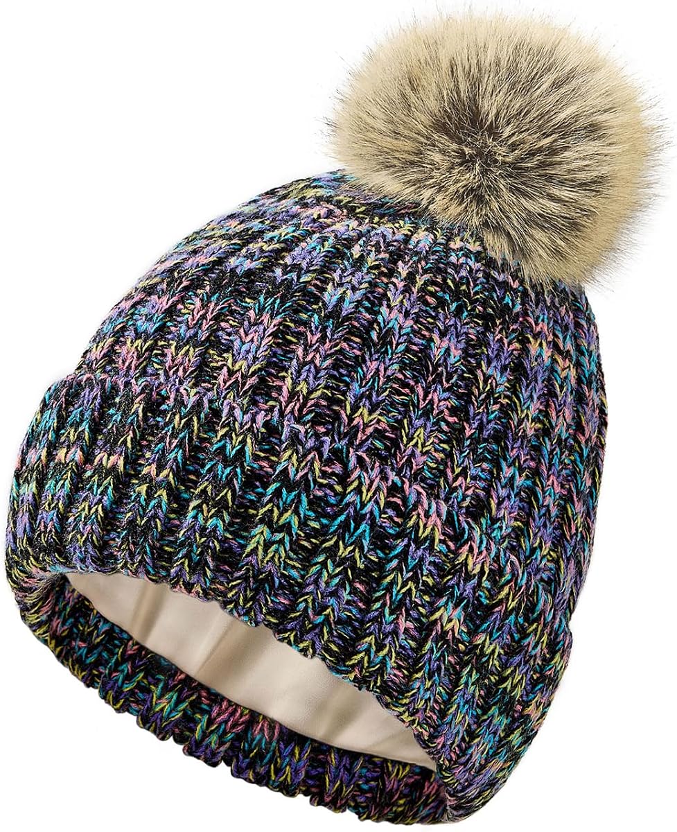 Gorro forrado de satén para mujer Gorros de invierno de punto Gorro para mujer forrado de seda con pompón desmontable