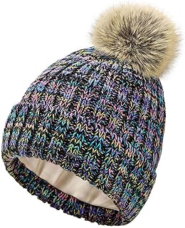 Satin Lined Beanie for Women Knit Winter Hats Silk Lined Womens Beanie with Detachable Pom Pom