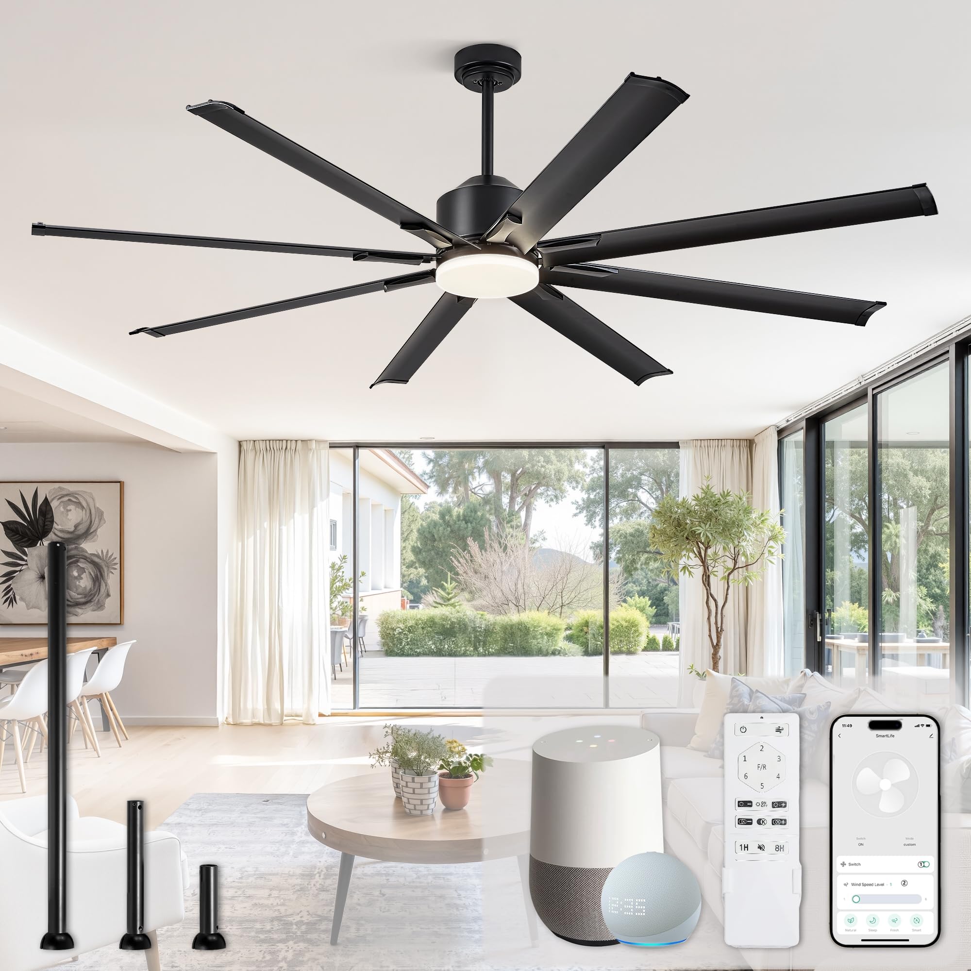 72 Inch Smart Ceiling Fan with Light and Remote via WIFI Alexa, Industrial Ceiling Fan with 8 Black Aluminum Blades, 3000-6000K Dimmable, 6 Speeds, Indoor Outdoor Ceiling Fans for Patio Living Room