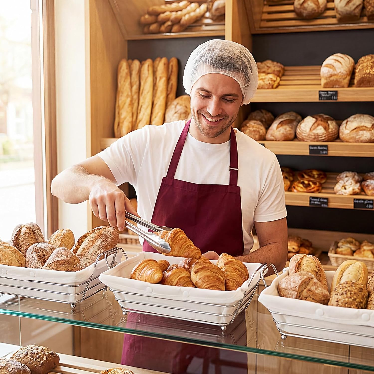 4 Pack Wire Bread Basket Set Metal Square Serving & Storage Container with Removable Liner and Tongs Must-have for Serving Spring Easter Dinner Feast(Silver,30 * 20 * 10 cm,Simple)