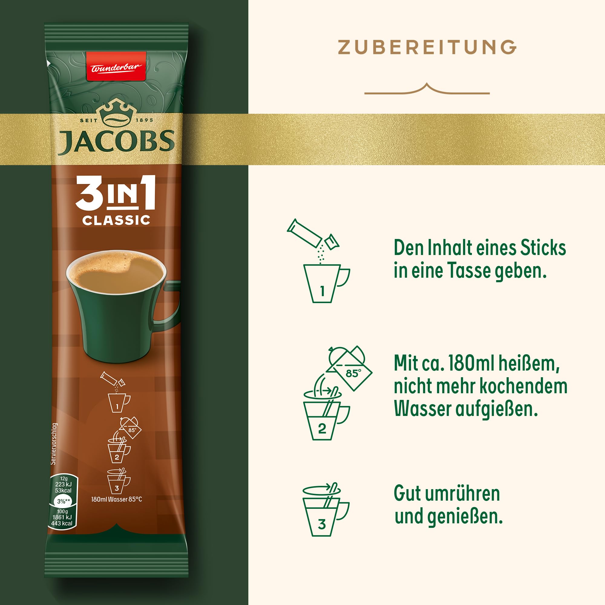 Jacobs 3in1 Classic, Instant Kaffee Sticks, löslicher Bohnenkaffee mit Creamer und Zucker, 12 x 10 Sticks, 120 Getränke