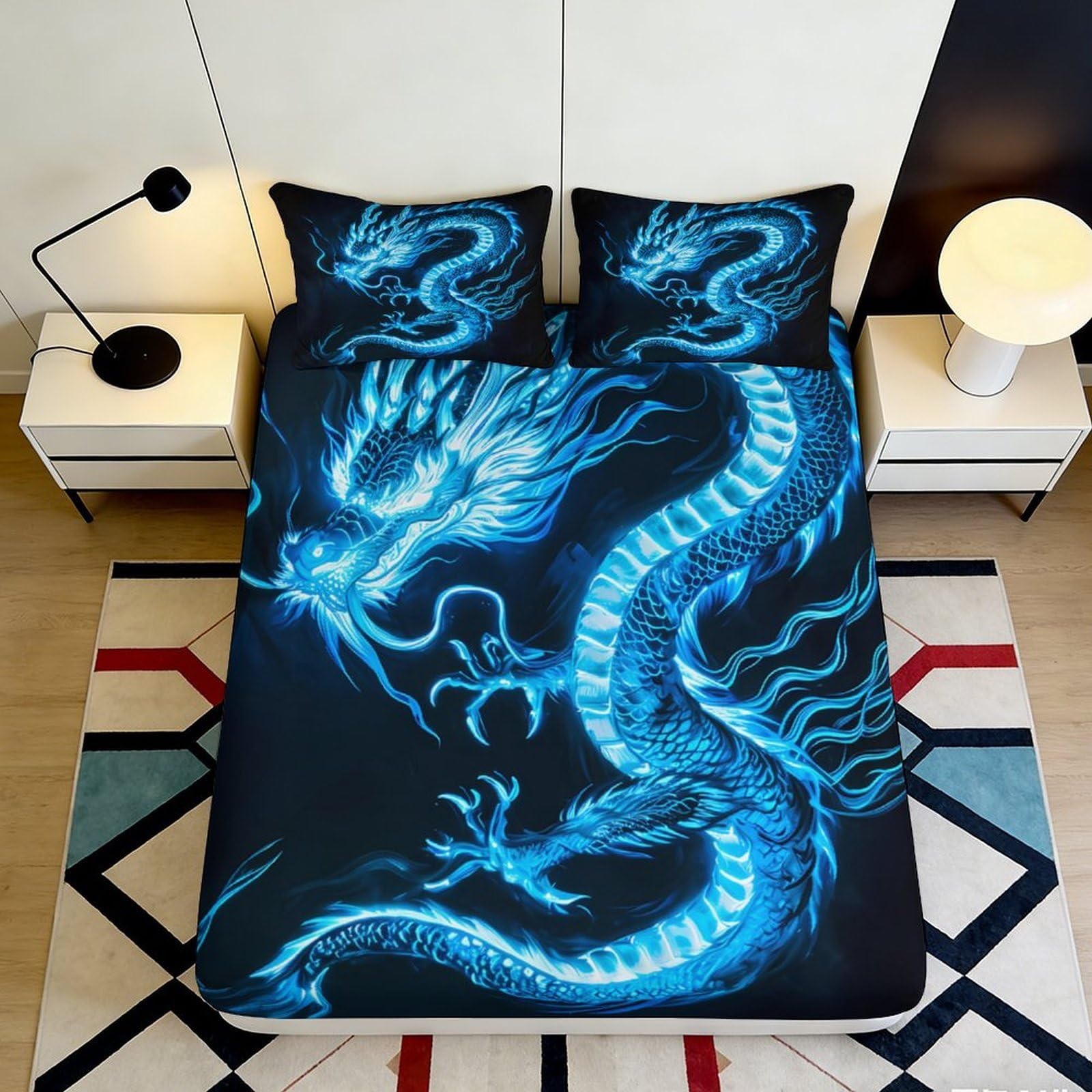 3D Printed Blue Dragon Fitted Sheet Microfiber Anti-Slip Fantasy Flame Mattress Cover for Bedroom Dorm Decor 90x200x25cm