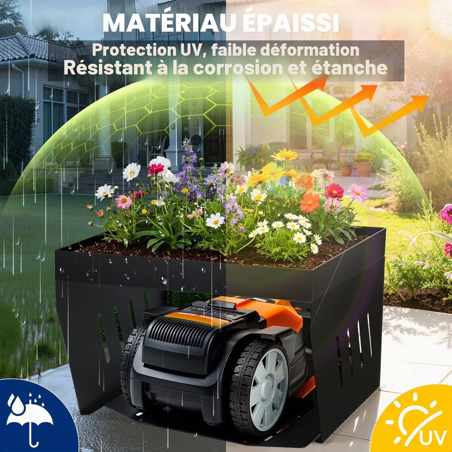 garage pour robot tondeuse, Garage pour robot tondeuse avec jardinière, Garage pour robot tondeuse résistant au vent et aux intempéries, Protégez le robot tondeuse des rayons UV, Abri en acier