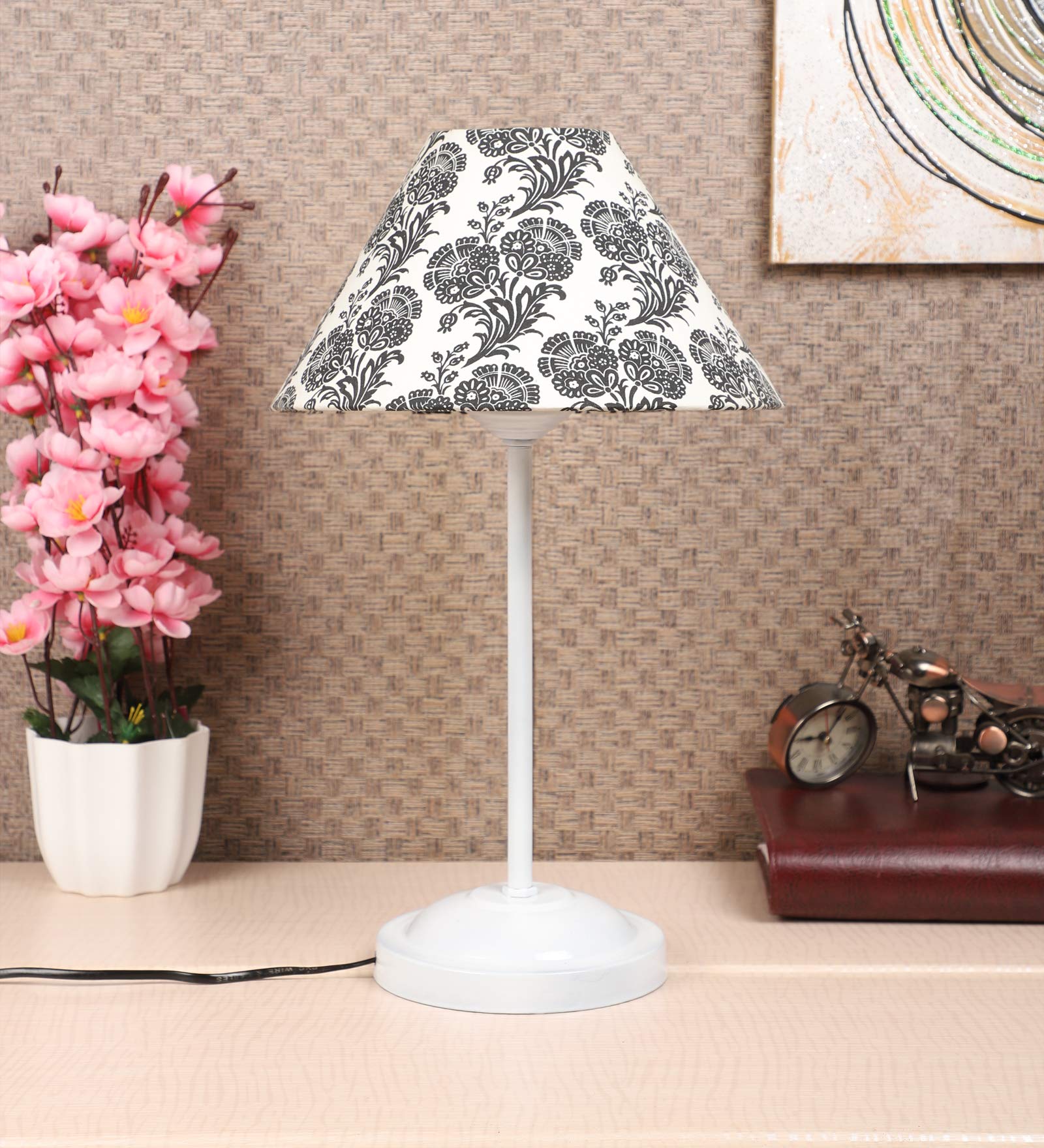 tu casa Table Lamps White Metal Base with Black/White Cotton (Filigree Design Print) Shades for Home Décor, Bedrooms, Living Room, Gifting, Diwali, Dining Space, Study Room, Restaurants (H-15)-image-11