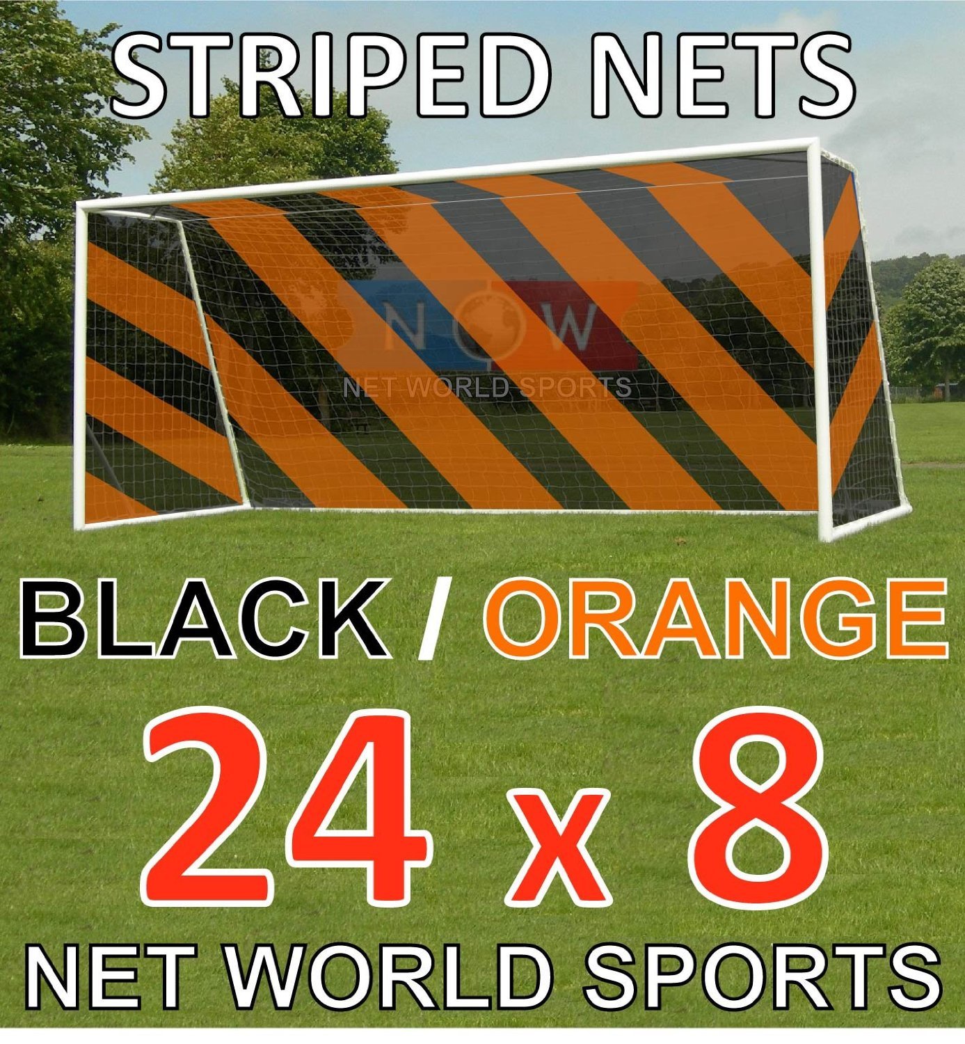 24ft x 8ft Full Size Striped Football Goal Net (3mm) (PAIR) – Choice of 11 Combinations To Match Your Team’s Colours [Net World Sports] (Orange/Black)