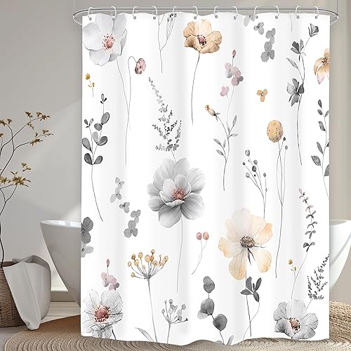 Miniatura 11 de Omifly Cortina de ducha con diseño floral de acuarela, cortinas de ducha de primavera con flores azules y beige para baño, juego de cortina de ducha