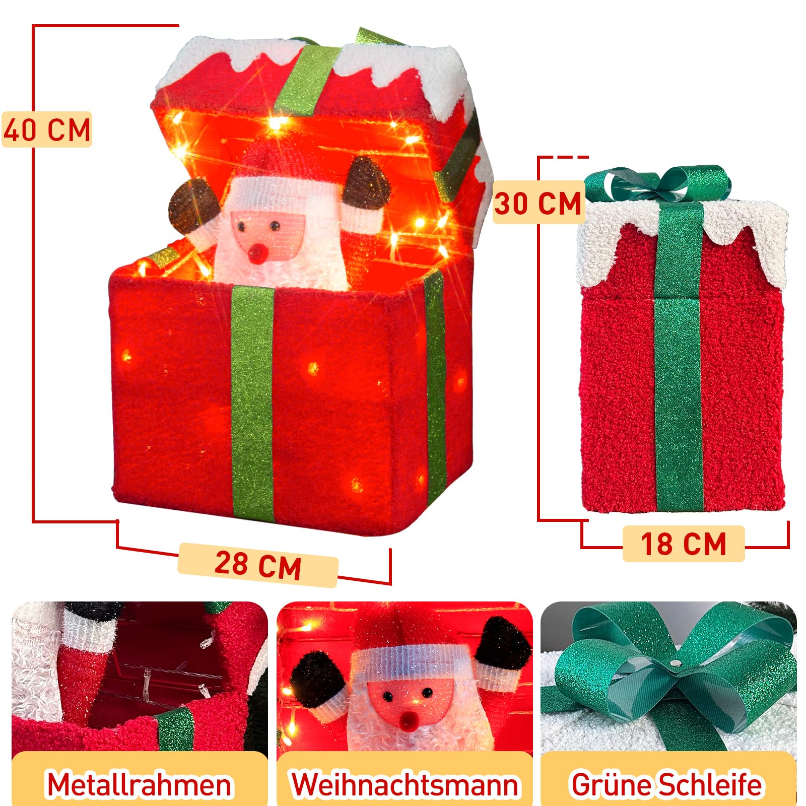 Scatola regalo LED con apertura automatica e Babbo Natale, decorazione natalizia illuminata per esterni con musica, 4 modalità e sensore di movimento, luci natalizie con 48 LED, 28×18×30 cm