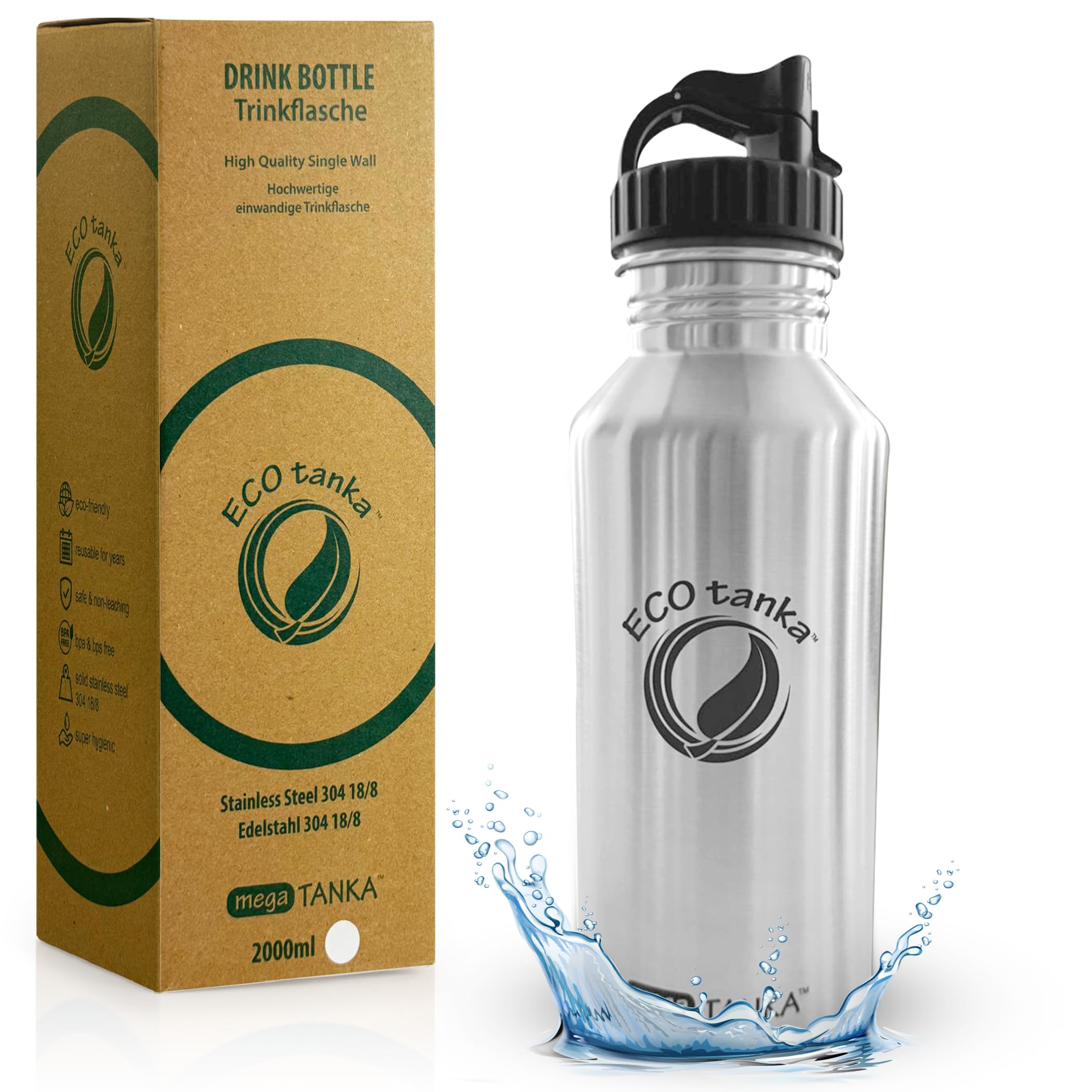 ECOtanka 2L Edelstahl Trinkflasche - Große 2 Liter Trinkflasche BPA-frei 2L Wasserflasche für Gym, Outdoor, Sport - Auslaufsichere 2 Liter Wasserflasche mit Poly Loop Verschluss