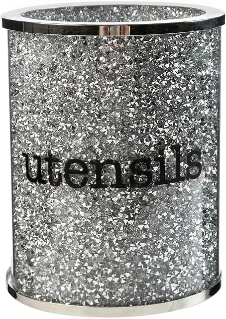 Crystal Utensil Holders Sparkle Crushed Diamond Filled Silver Metal Frame Round Cylinder 6.3 Inches Height Gift Box
