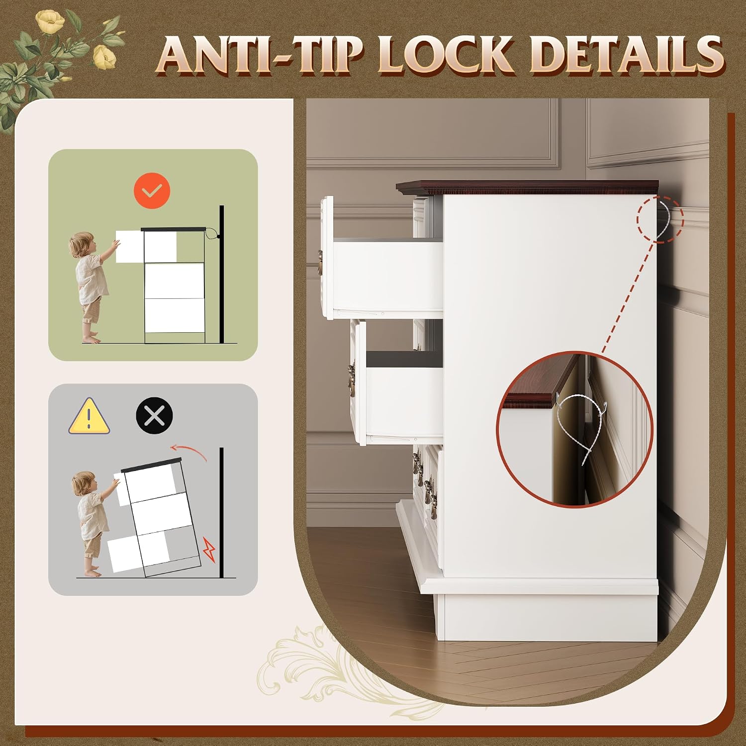 Diagram illustrating proper installation of an anti-tip device for a dresser, showing a child safely interacting with the secured furniture versus an unsecured, tipping dresser.