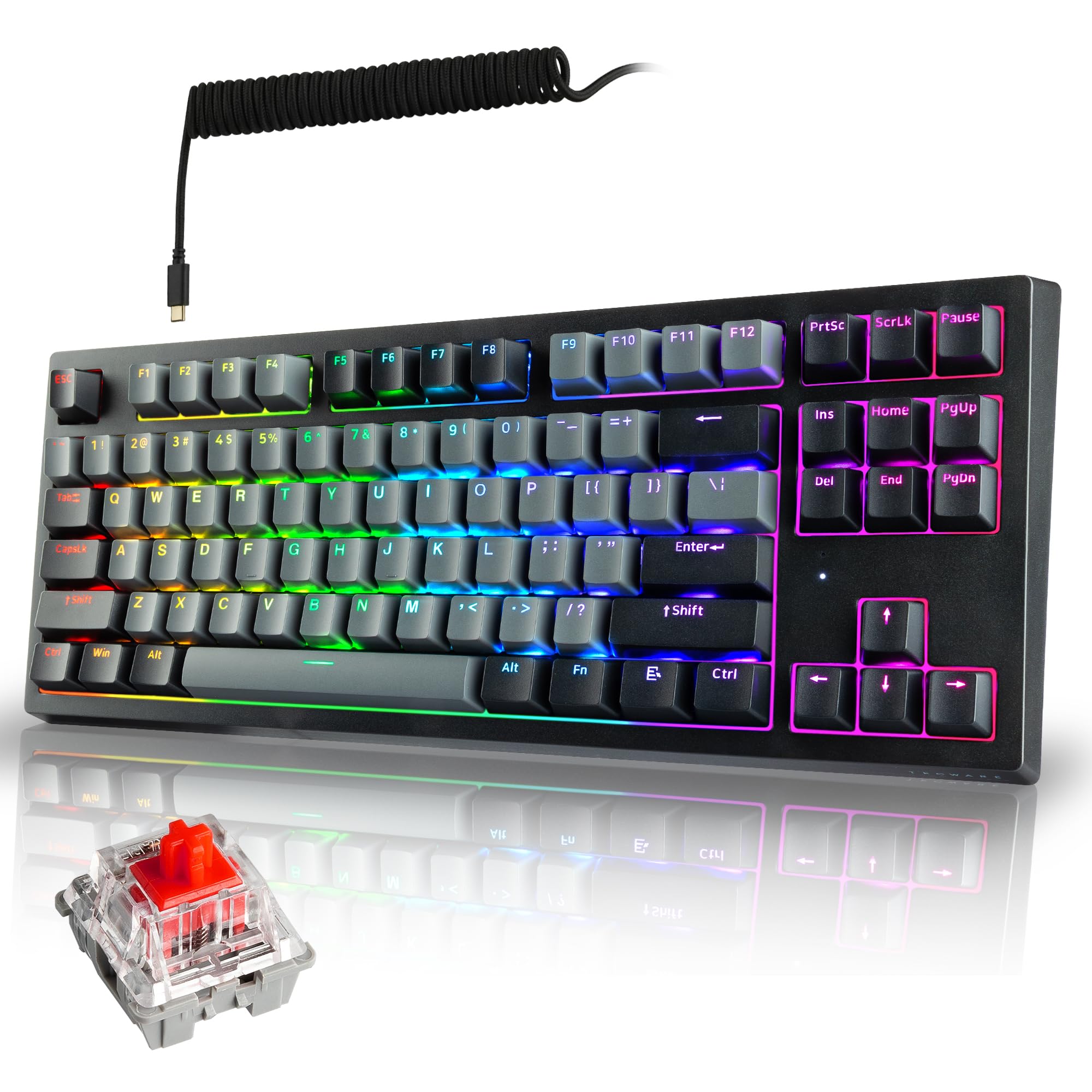 TECWARE Phantom+ Elite 87 Mechanical Gaming Keyboard | RGB LED Backlit | Hot Swappable Wraith Red Switches | 87 Key TKL Layout | Thocky Sound Profile | Tri-Mode Wireless Bluetooth/2.4GHz | Black