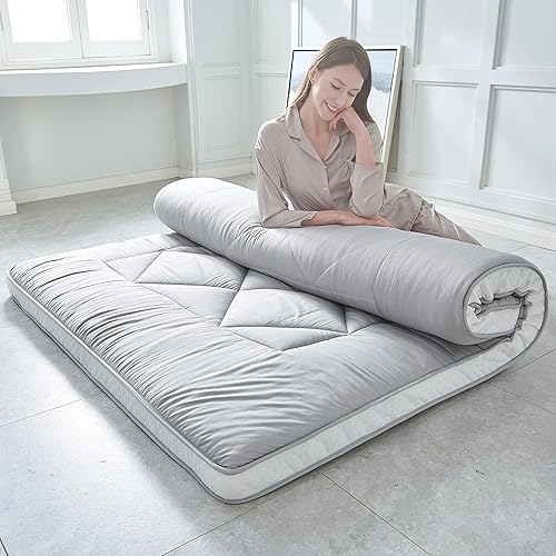 Miniatura 4 de Heimorn Colchón de suelo japonés, colchón de futón, colchón grueso plegable y portátil enrollable con funda a prueba de polvo, color gris, tamaño