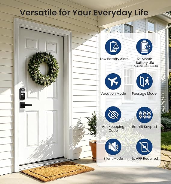 Veise DK01-B Keyless Entry Deadbolt Lock with Handle Set, Matte Black | 21 User Password, Anti-Peeping & One-time Code, Auto-Lock, 2 Backup Keys, Backlit Keypad, IP54 Waterproof, for Front Door