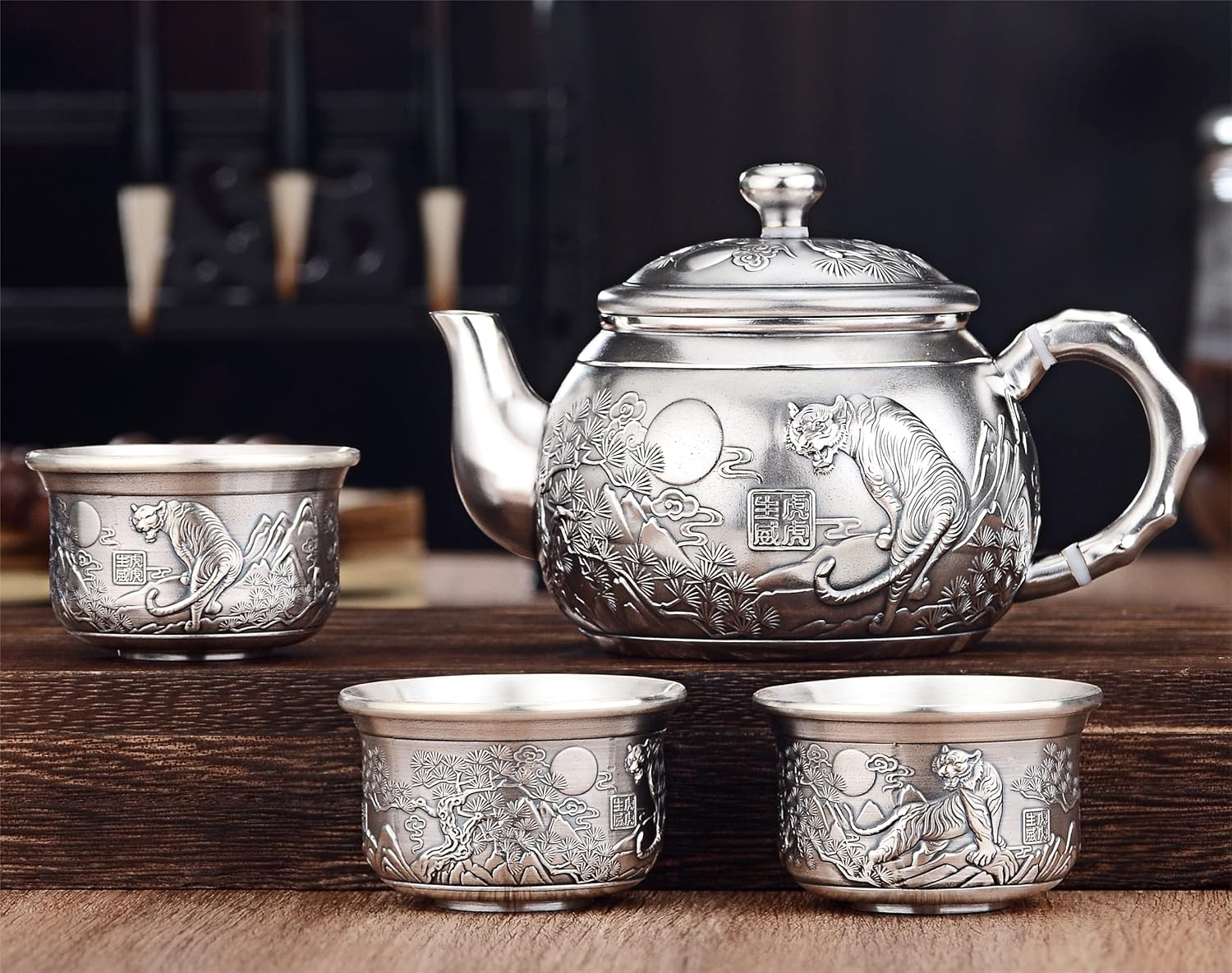 GOHQ Chinese Gongfu Tea Set, 4 PCS 999 Sterling Silver