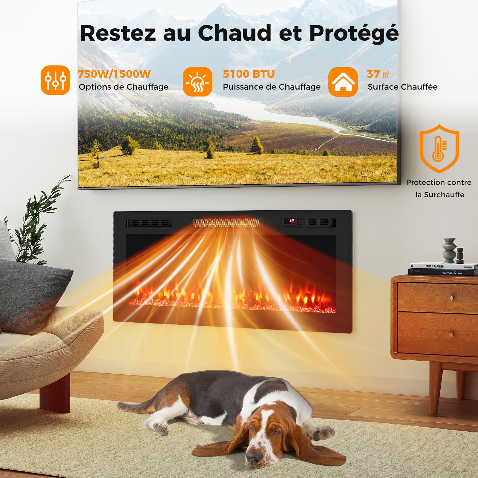 GOPLUS Cheminée Electrique avec Effet Flamme, Chauffage 750W/1500W avec Écran LED, 12 Couleurs de Flammes, Minuterie 12 H, Fausse Cheminée Montage Mural et Encastré, Télécommande pour Salon