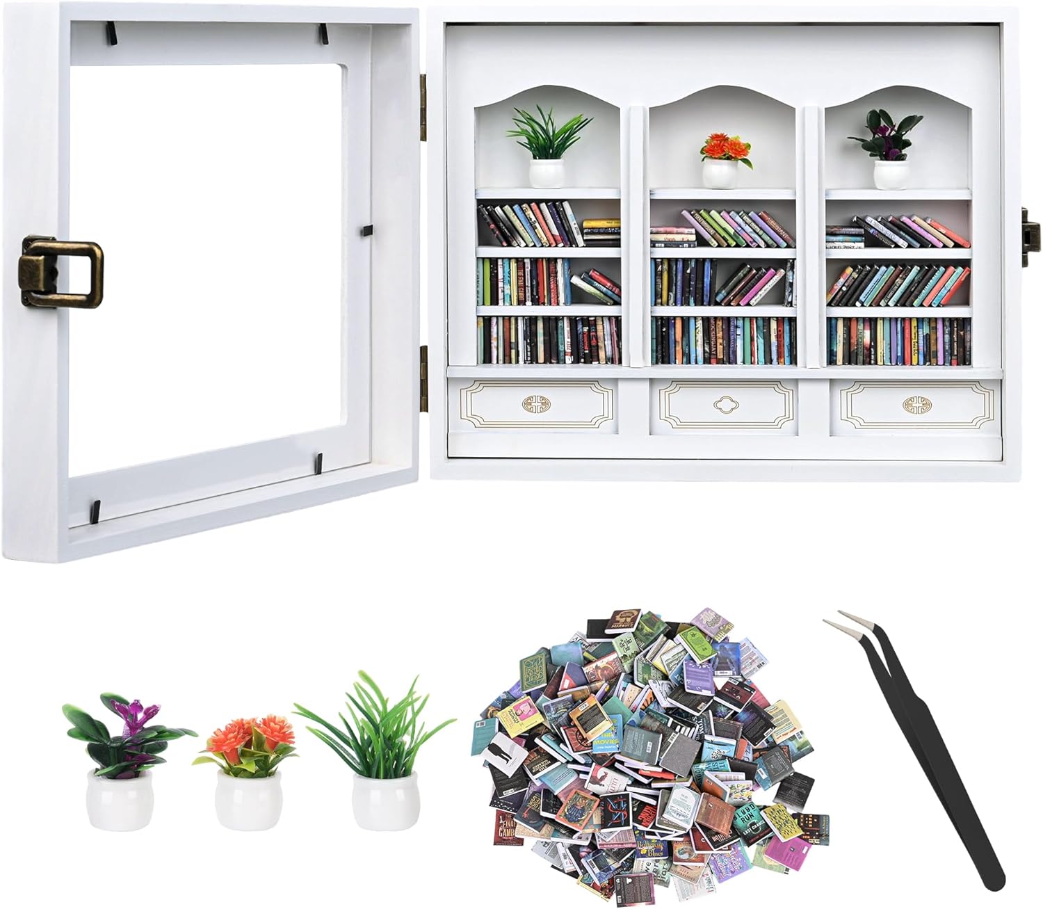 Anxiety Bookshelf with 200 Mini Books, Mini Library Decor, Shake Away Your Anxiety, Includes 1 Bookshelf, 3 Plant Flowers, and 1 Tweezers, Perfect for Book Lovers, Students, Family, and Friends