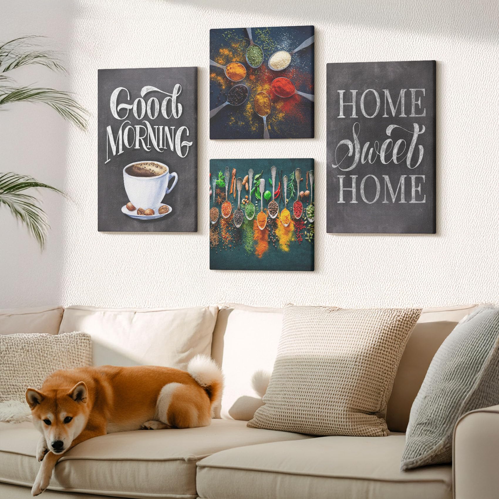 Wallfluent Wandkunst Leinwandbild Set 40x40 x 60x40 cm Polycanvas Wand 4-teiliges Set - ration Schlafzimmer Wohnzimmer - Gewürze Kaffee mit einer Tasse Küchenkräuter Gewürze