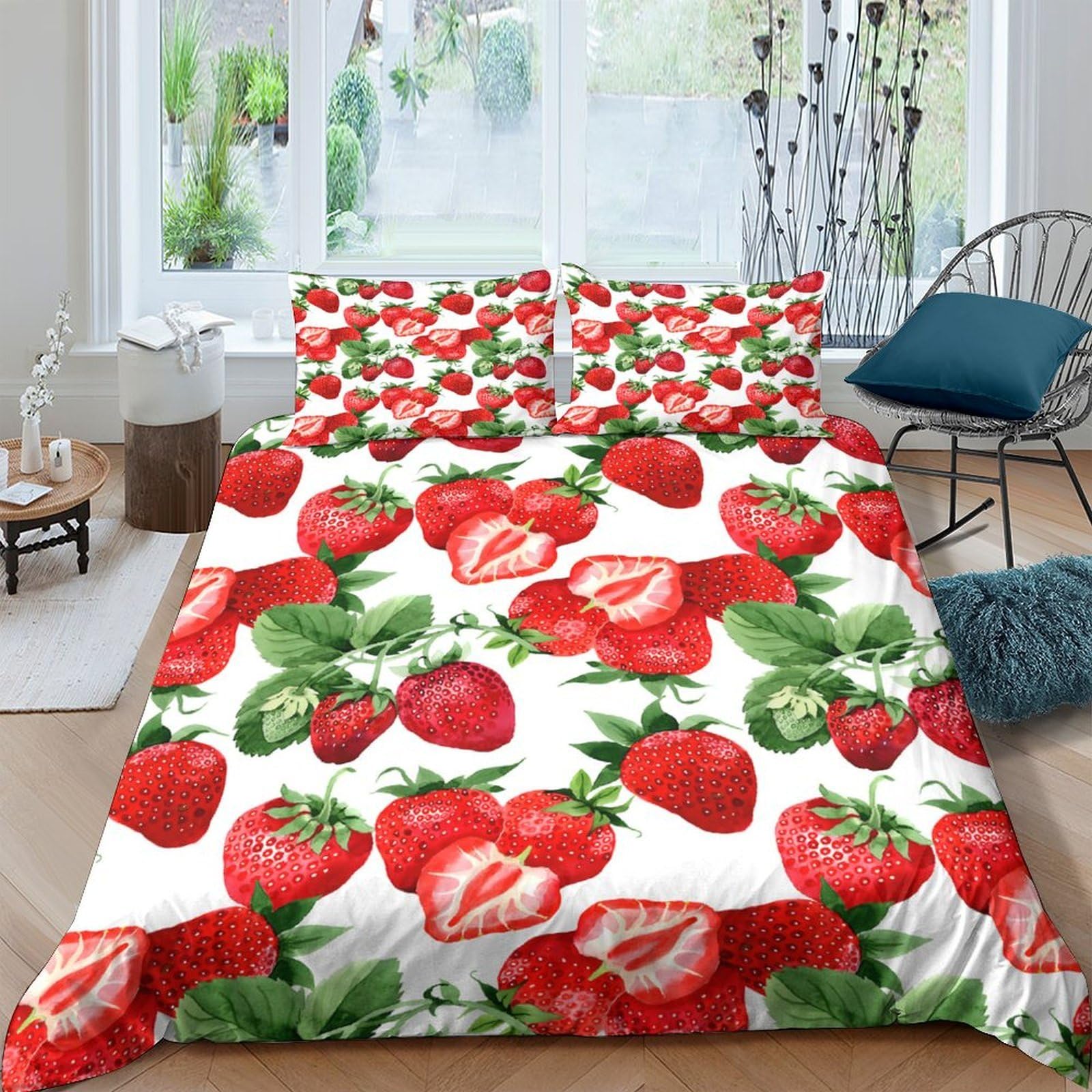 GPLZQXKJNH 3D Printed Strawberry Pattern Duvet Cover Microfiber Soft Red Fruit Bedding Set with 2 Pillowcases for Bedroom Decor Single（135x200cm）