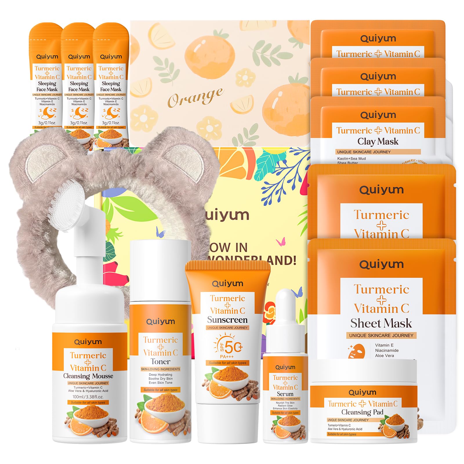 QUIYUM Kit Skincare Viso Curcuma e Vitamina C – Set Regalo 14 Pezzi per Donna, Detergente Schiuma Profonda, Controllo Sebo, Idratazione e SPF 50+