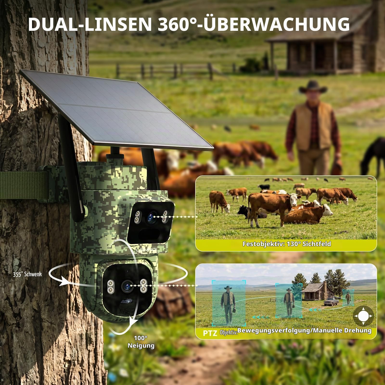 Lemnoi 4G Solar Wildkamera mit Dual-Objektiv, 2K HD, Objektverfolgung, IP66