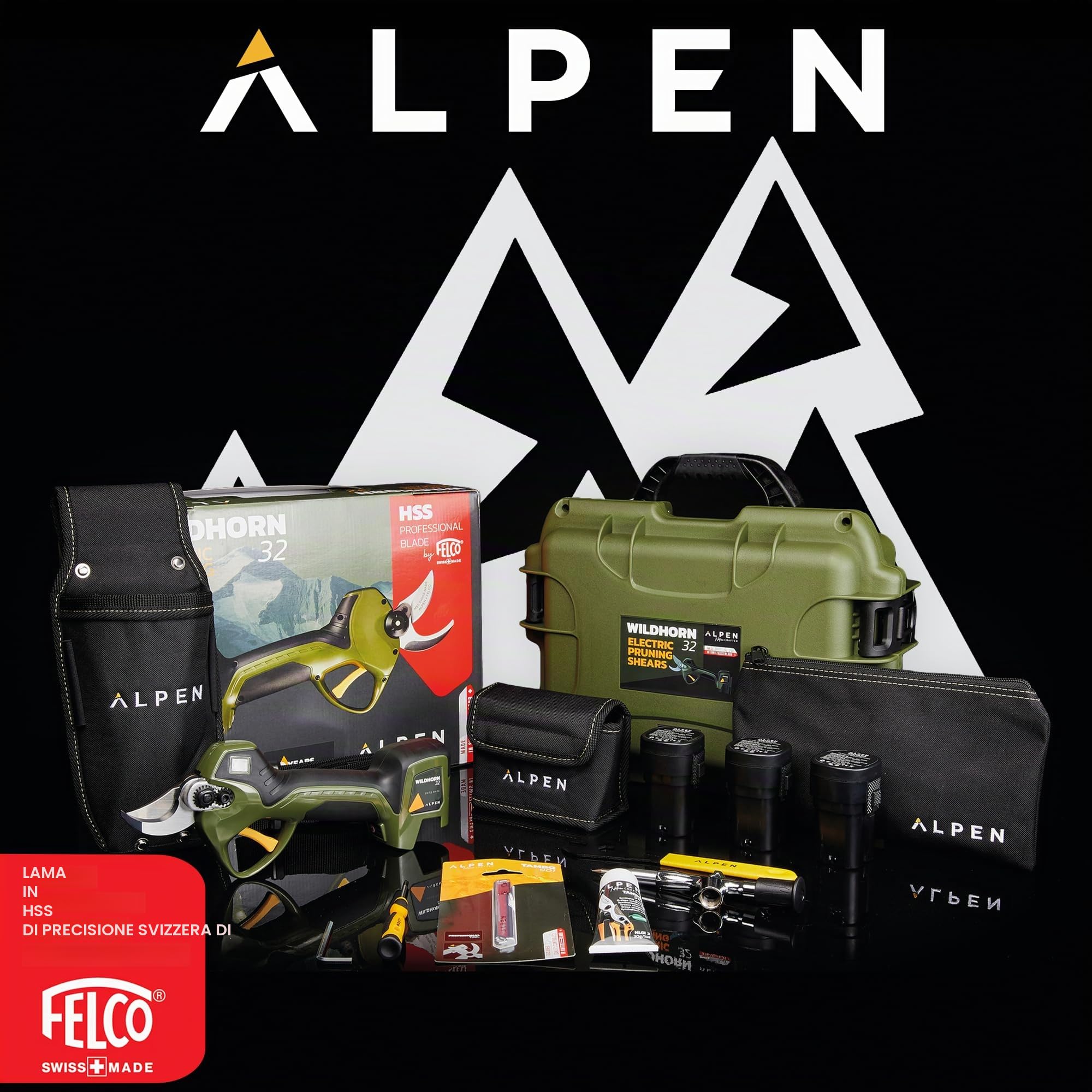 Alpen Wildhorn 32 - Kit di potatura elettronica con batteria agli ioni di litio senza fili, 12 ore di autonomia 3 batterie carica simultanea a 3 vie Felco prodotta in Svizzera