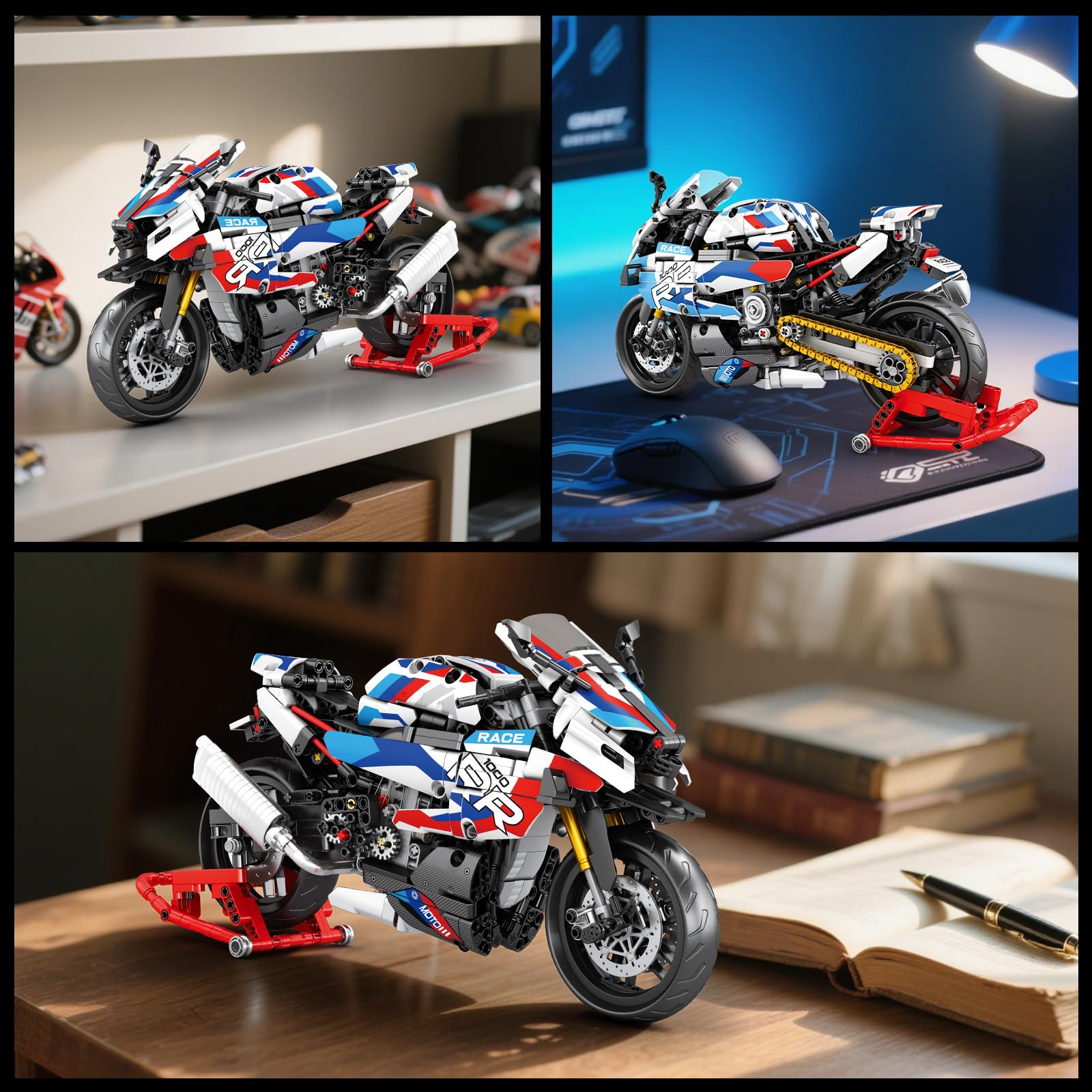 Reobrix Motorcycle 1000 RR Technic Set di Costruzione 1:8 949 Pezzi Modello Moto da Collezione con Supporto 14+