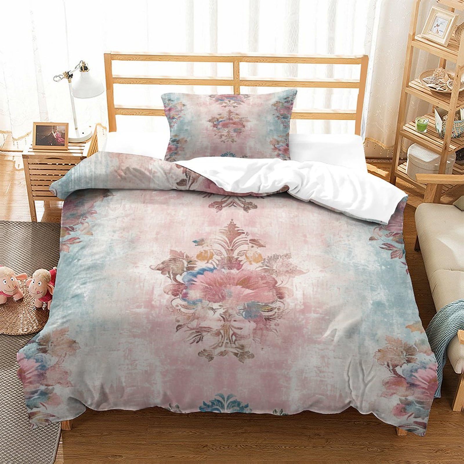 P1S9U7W5Y 3D Printed Vintage Floral Duvet Cover Set 3pcs Microfiber Watercolor Flowers Bedding Set Single（135x200cm）