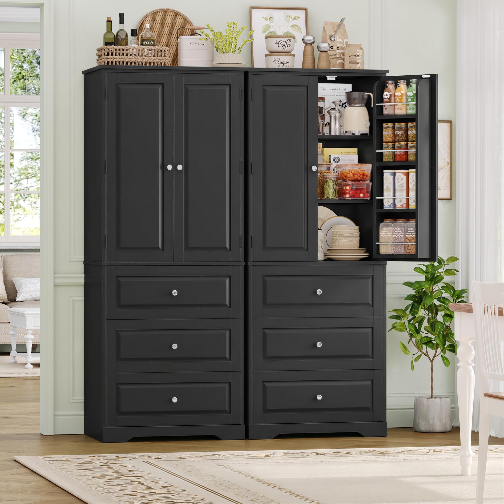 FOREHILL 150cm Credenza Cucina con 3 Cassetti, Dispensa Cucina con 8 Ripiani della Porta, Mobile Dispensa a 2 Ripiani Regolabili, per Sala da Pranzo, Soggiorno, 60x40x150 cm (Nero)