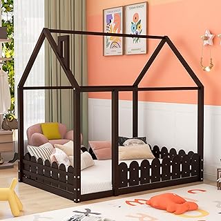 Harper & Bright Designs House Bed Full Size Montessori Floor Bed Frame with Roof and Fence, Box Spring Needed, for Toddlers, Kids, Teens, Girls, Boys (Espresso)
