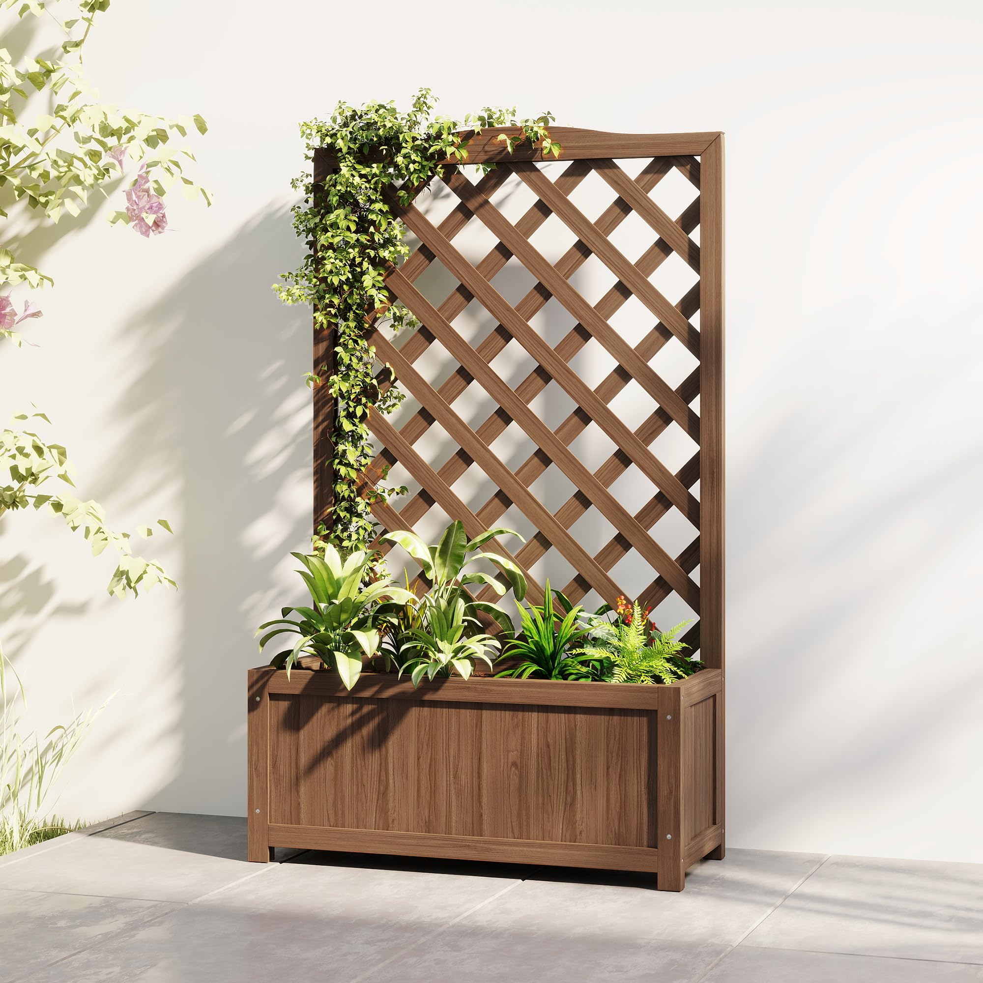 Outsunny Jardinière avec Treillis, Bac à Fleurs, Bois Massif, 70 x 28 x 117 cm, Café Foncé