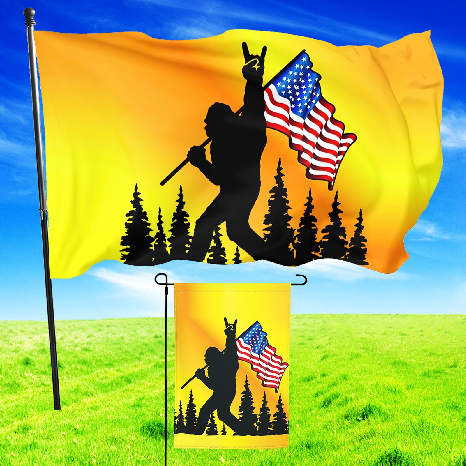 Funny Bigfoot Flag 3x5 Ft Gold Color Background Double Sided Print and Garden Flags 3Ply 12x18 Inch American Flags Outdoor Banner Decor with Brass Grommets