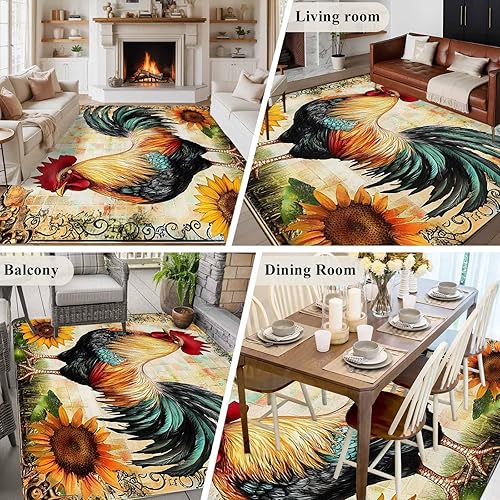 Miniatura 6 de 8x10 Area Rugs, Retro Rooster Non-Skid Rubber Backing Large Rectangle Rugs - Living Room Bedroom Home Office, Pastoral Sunflower Watercolor Animals