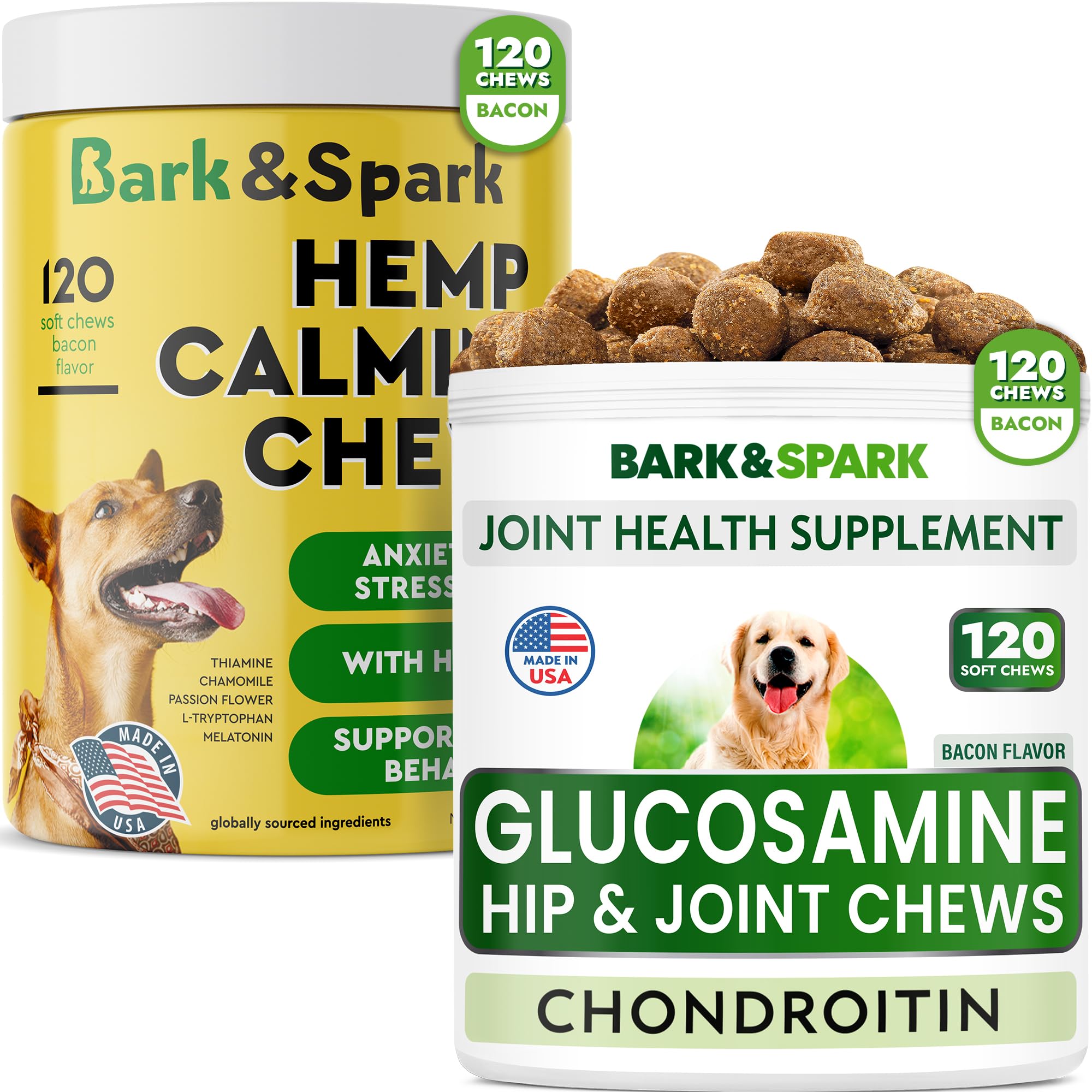 Glucosamine Bacon Flavor + Calming Hemp Treats for Dogs Bundle - Joint Pain Relief + Anxiety Relief - Chondroitin, MSM, Omega-3 + Hemp Oil - Hip & Joint Care + Stress Relief - 240 Soft Chews - US Made