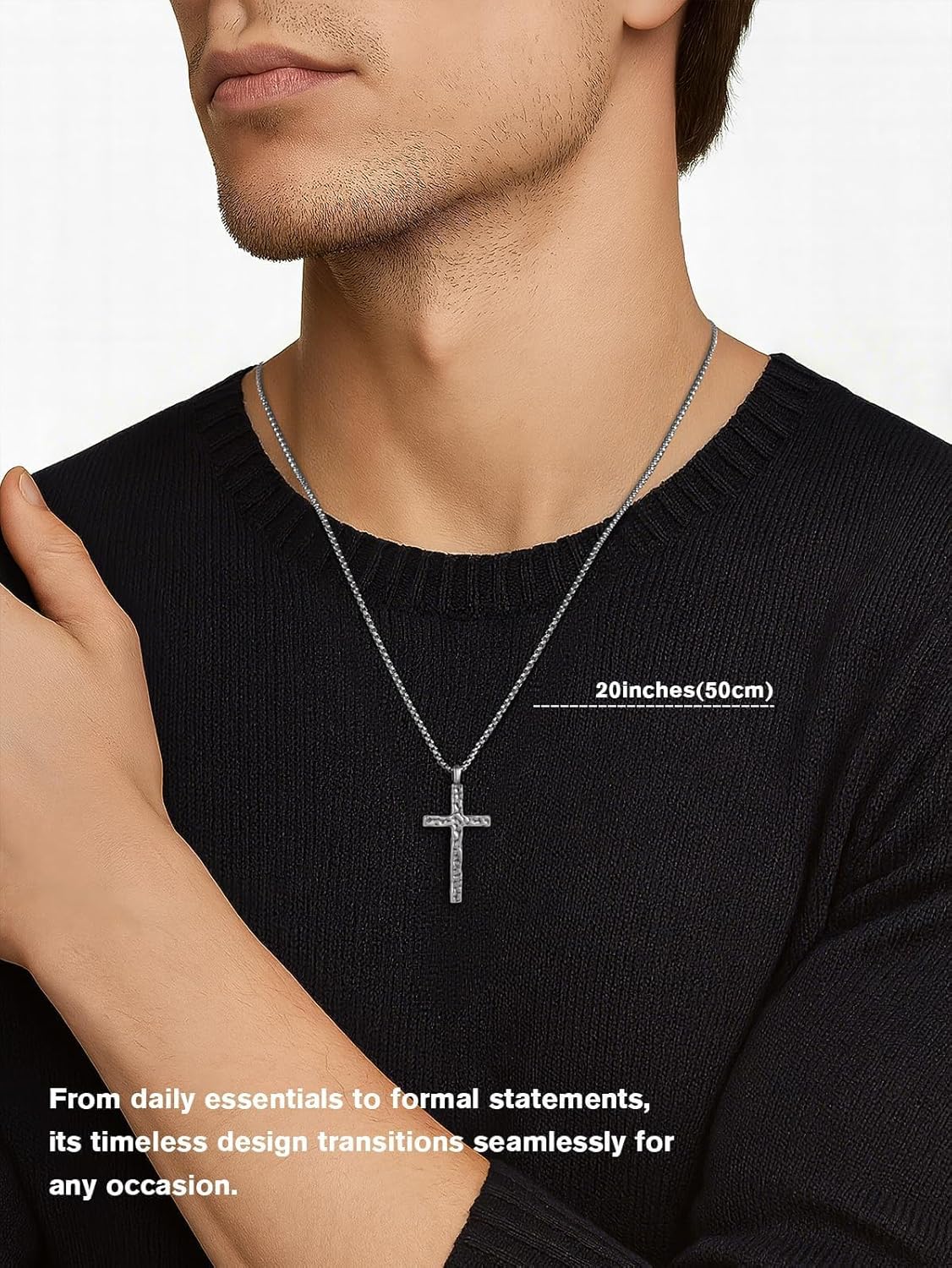 925 Sterling Silver Cross Necklace for Men, 1.57 Inch Oxidized Antiqued Cross Pendant with 20+2 Inch Adjustable Steel Box Chain, Vintage Style Cross for Men Women - Image 2