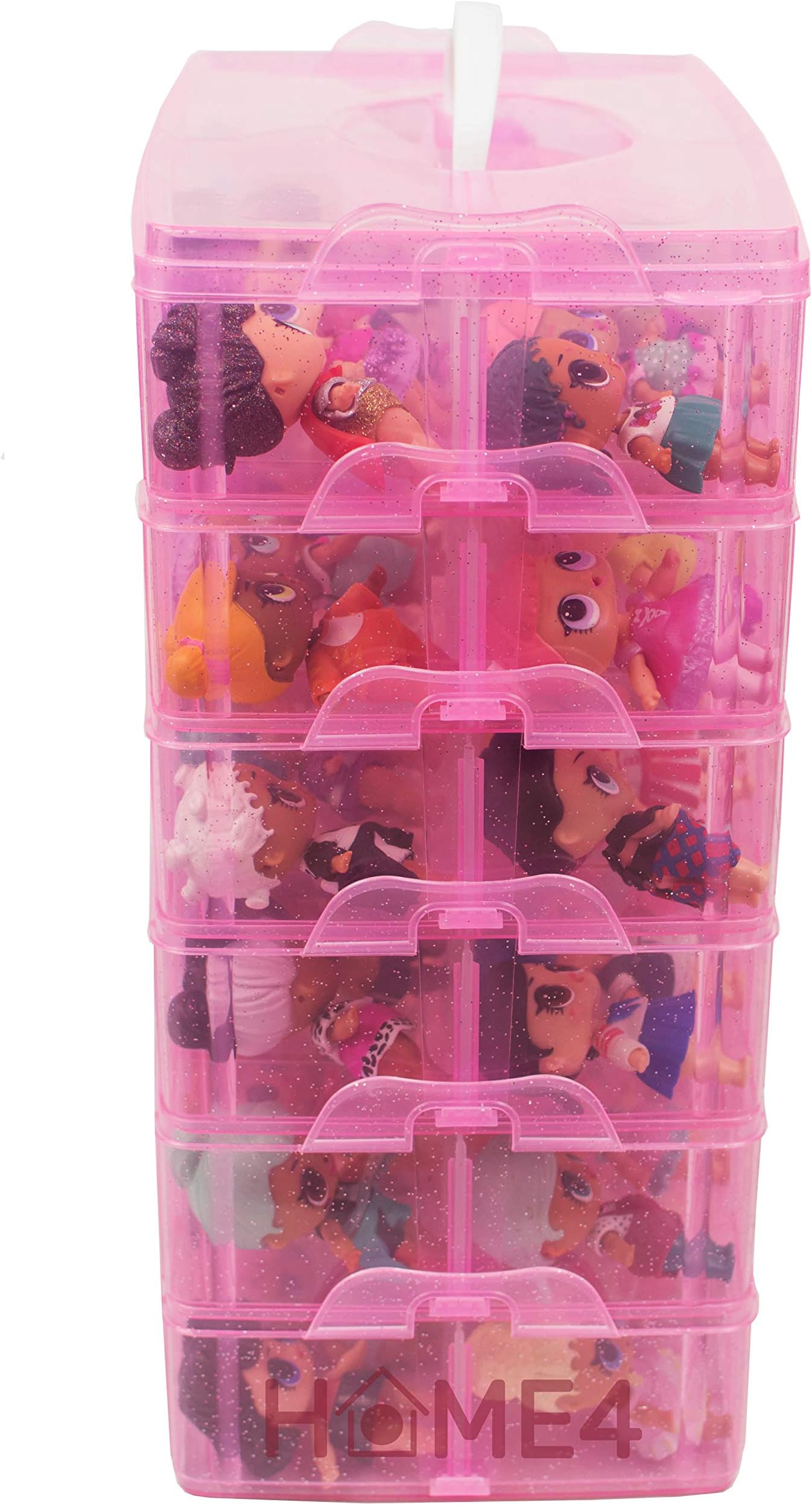 HOME4 60 Adjustable Compartments 6 Layers Stackable Storage Container Organizer Carrying Display Case, Compatible with Surprise Small Toys Lol, Shopkins, Omg barbie (Dolls Not Included) (Pink)