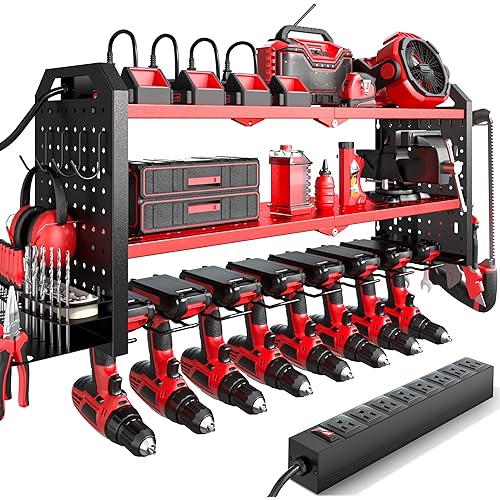 Power Tool Organizer with Charging Station Wall Mount, Built in 8 Outlet Surge Protection Power Strip, Drill Holder Wall Mount, Heavy Duty Metal Power Tool Storage Rack for Garage Organization Red