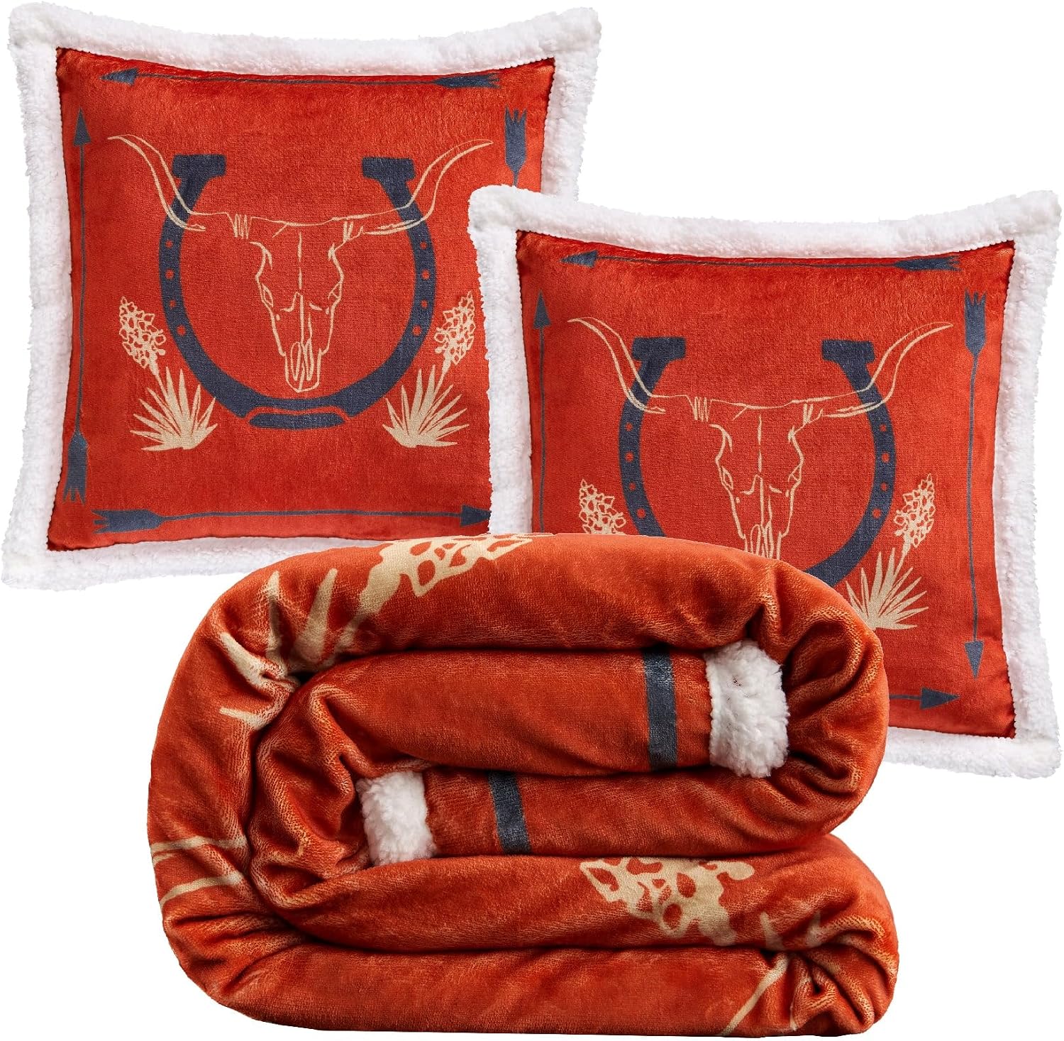 Indigo Hill by HiEnd Accents Marfa 3 Piece Sherpa Western Throw Blanket Set, Cowboy Longhorn Scull Print, Western Blanket with Horseshoe Print Western Pillows, Southwest Style, 1 Throw and 2 Pillows