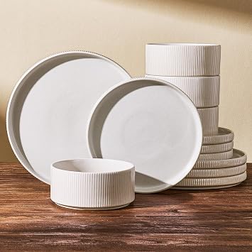 Stoneware Dinnerware Sets, Handcrafted Double Reactive Glaze Plates and Bowls for Everyday & Formal Dining, Microwave & Dishwasher Safe, Scratch Resistant Dishes for 4 12-Piece, Matte Reactive White