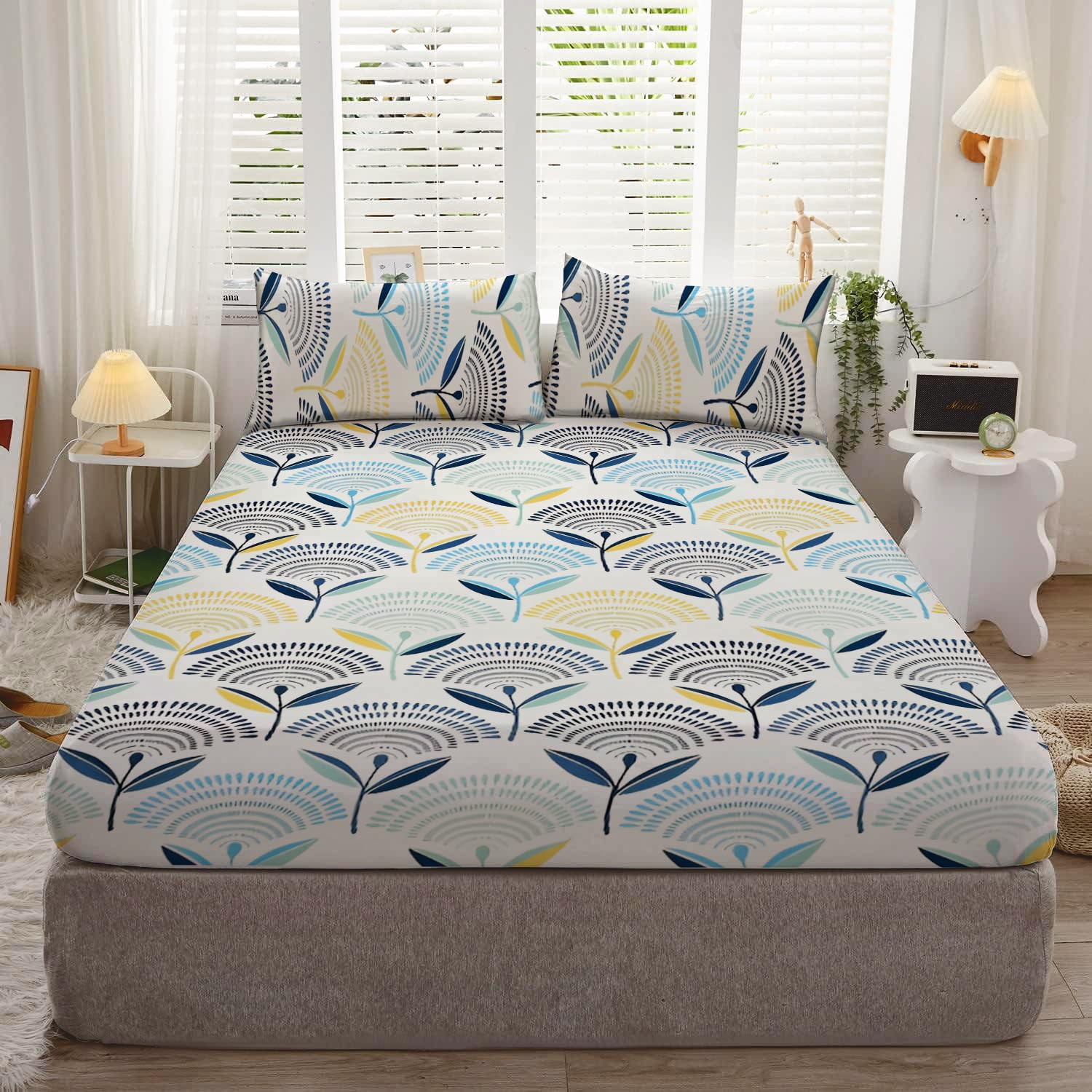DECOMIZER Cotton Feel Glace Cotton Elastic Fitted Printed King Size Double Bed Bedsheet With 2 Pillow Coverm Fits Upto 8 Inches Mattress,Size- 72X78X10 Inches,White Flowers, 300 Tc