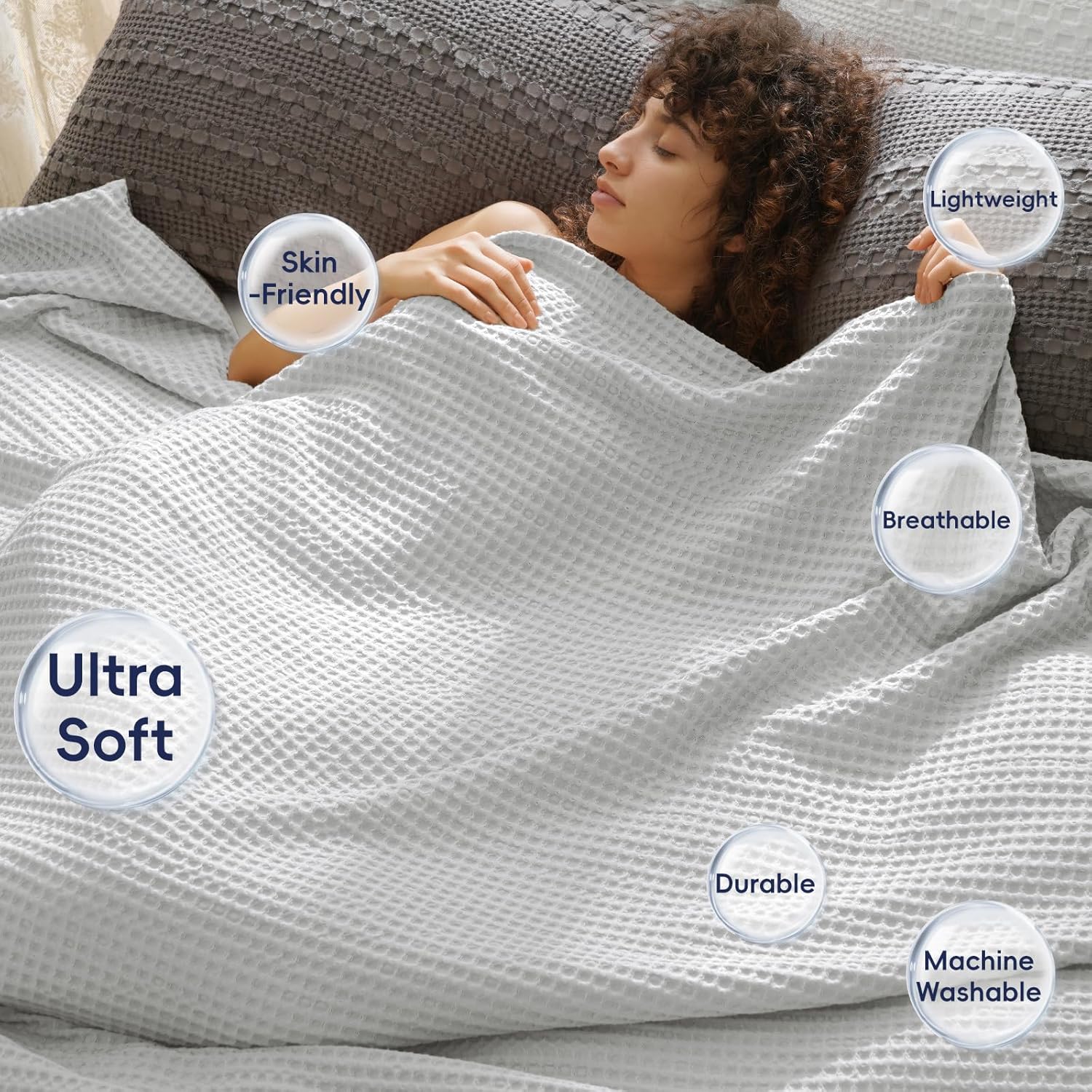 PHF Ultra Soft Waffle Weave Blanket King Size 104"x 90"- Washed Lightweight Breathable Cozy Woven Blanket for Bed - Aesthetic Decor for Couch Bedding Sofa Home Car - Light Grey - Image 2