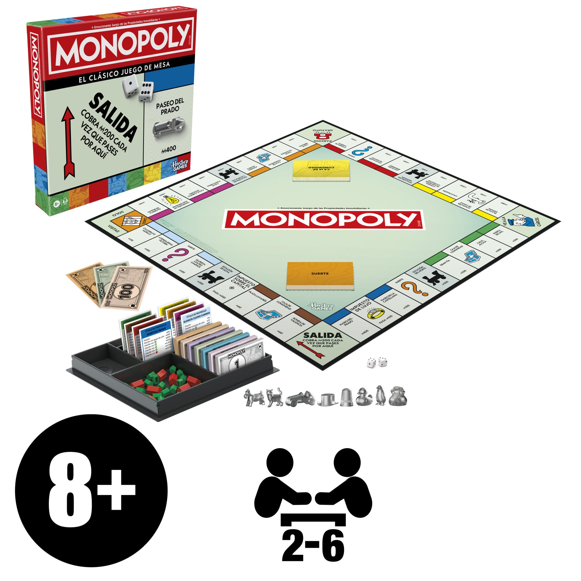 Hasbro Gaming, Monopoly Clásico, Juego de Mesa, Inversión en Familia, Tablero, Caja Almacenamiento, 6 Peones Grandes, Fiestas con Amigos, Multijugador, Dinero Colores, Juegos para niños y niñas
