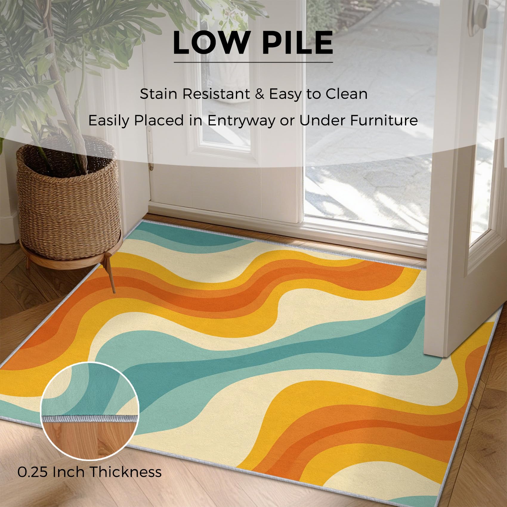 Générique Tapis Salon Rétro Vague, Style Années 60-70 Tapis Poil Ras Doux Antidérapant 140x200cm pour Chambre Salle à Manger Bureau, Décoration d'intérieur